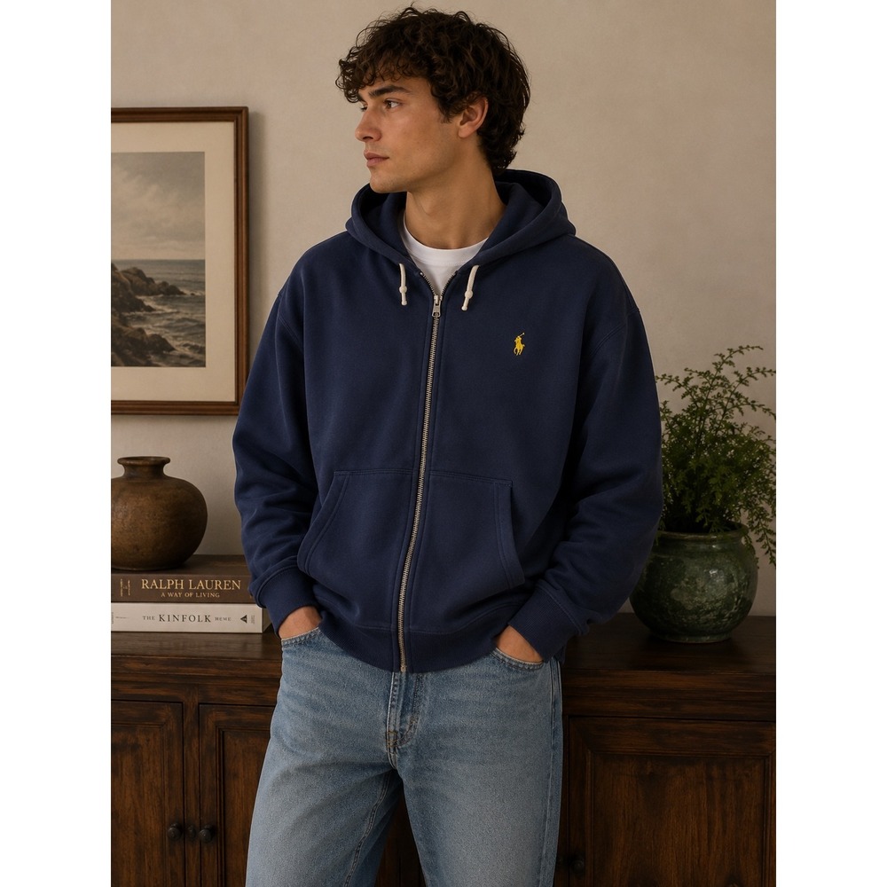 Polo Ralph Lauren Mens‎ Big & Tall 2XB Navy Blue Full Zip Hoodie Yellow Pony |K1
